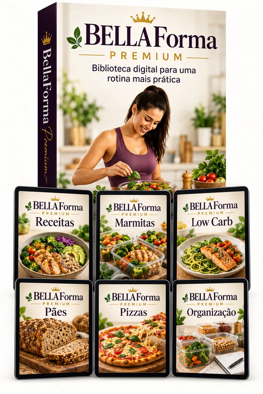 Mockup da biblioteca digital BellaForma Premium com seis guias de receitas e organização