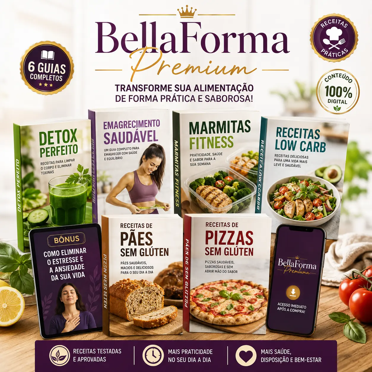 Todos os guias do BellaForma Premium sobre uma bancada de cozinha