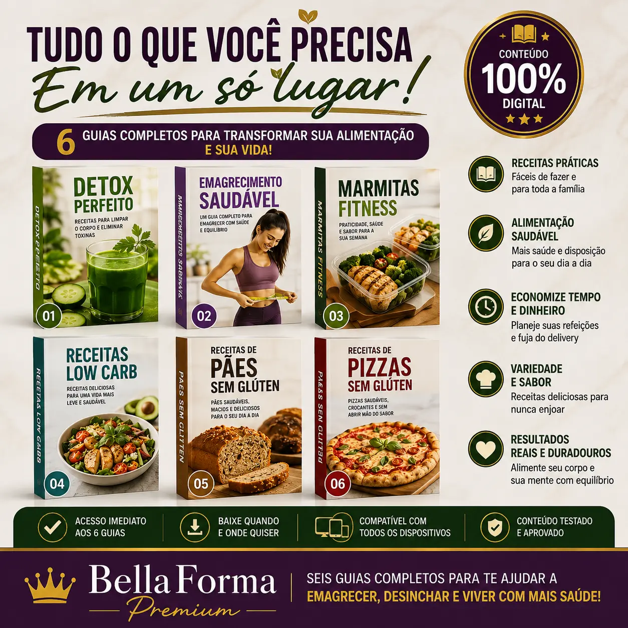 Os seis guias do BellaForma Premium: Detox, Emagrecimento Saudável, Marmitas Fitness, Low Carb, Pães e Pizzas sem glúten